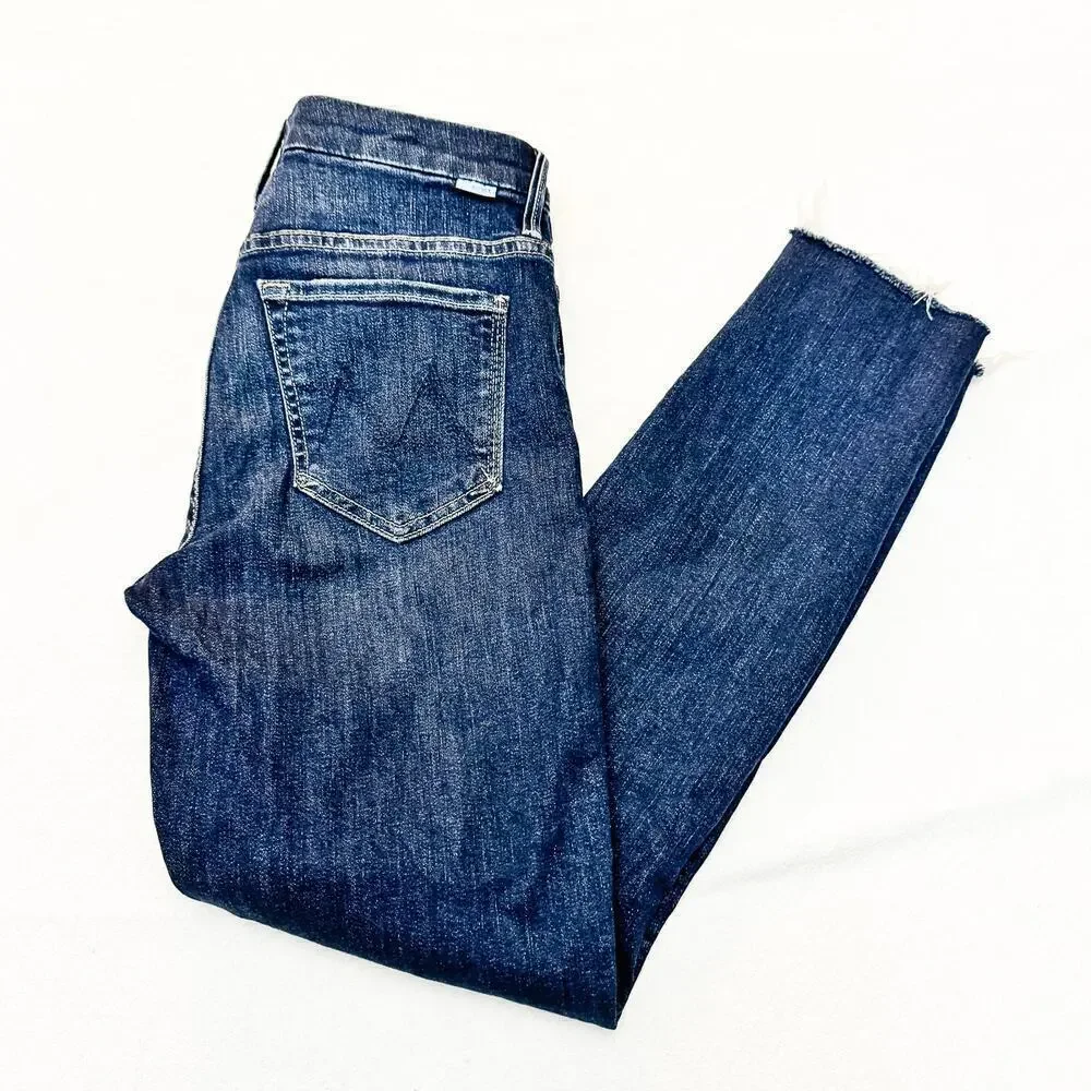 Mother High Waisted Looker Ankle Fray Close To The Edge Dark Denim Jeans Size 26